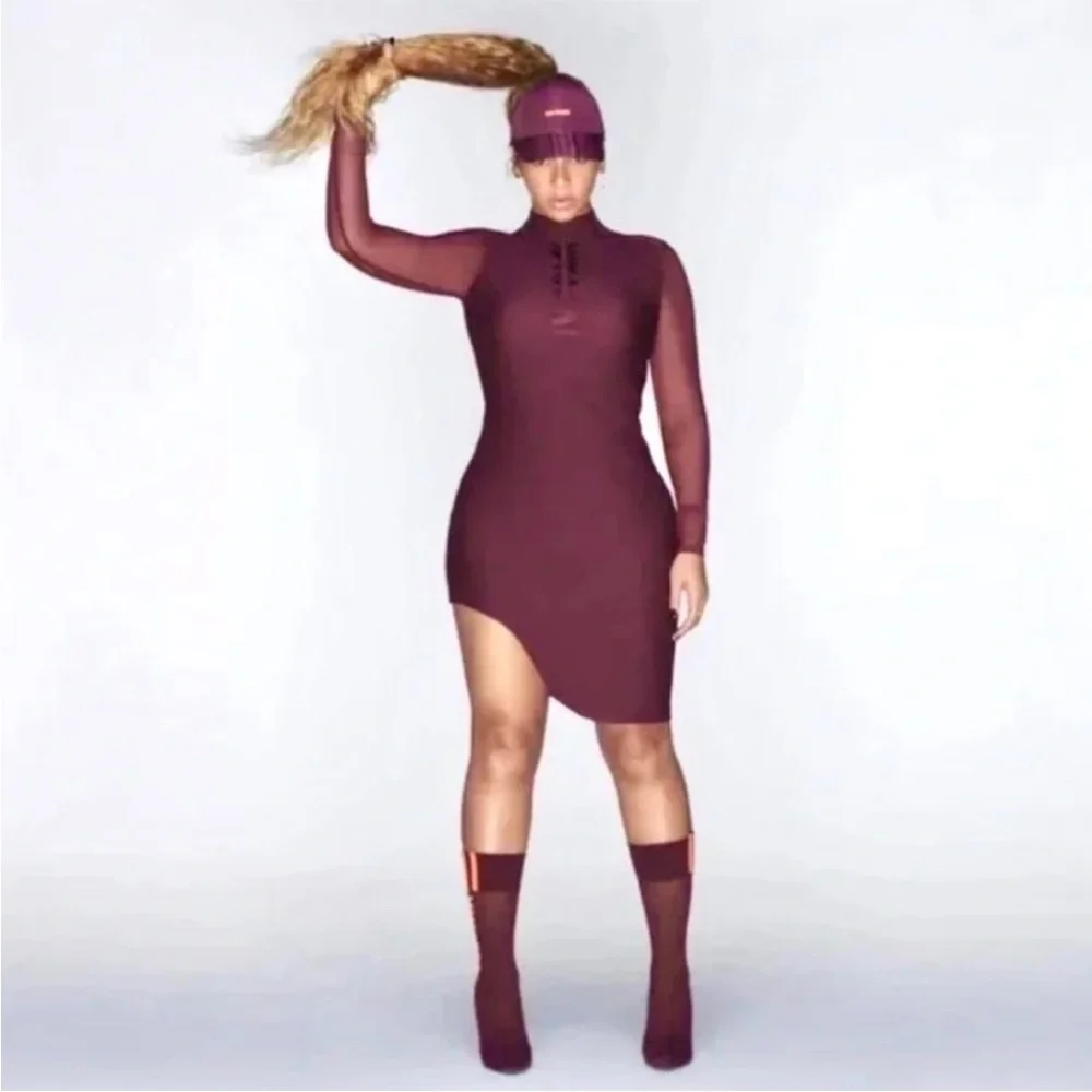 Adidas × IVY PARK Long Sleeve Front Zip Bodycon Asymmetric Mini Dress Maroon S - Picture 5 of 12